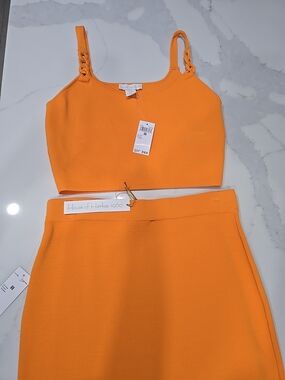 House of Harlow 1960 2-Piece Knit Set Crop Top & Midi Skirt Orange Medium NWT